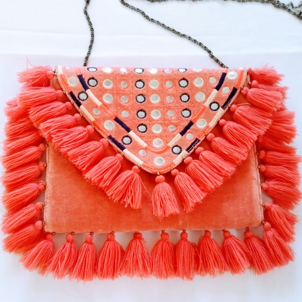 Coral Beaded Mirror Tassel Clutch